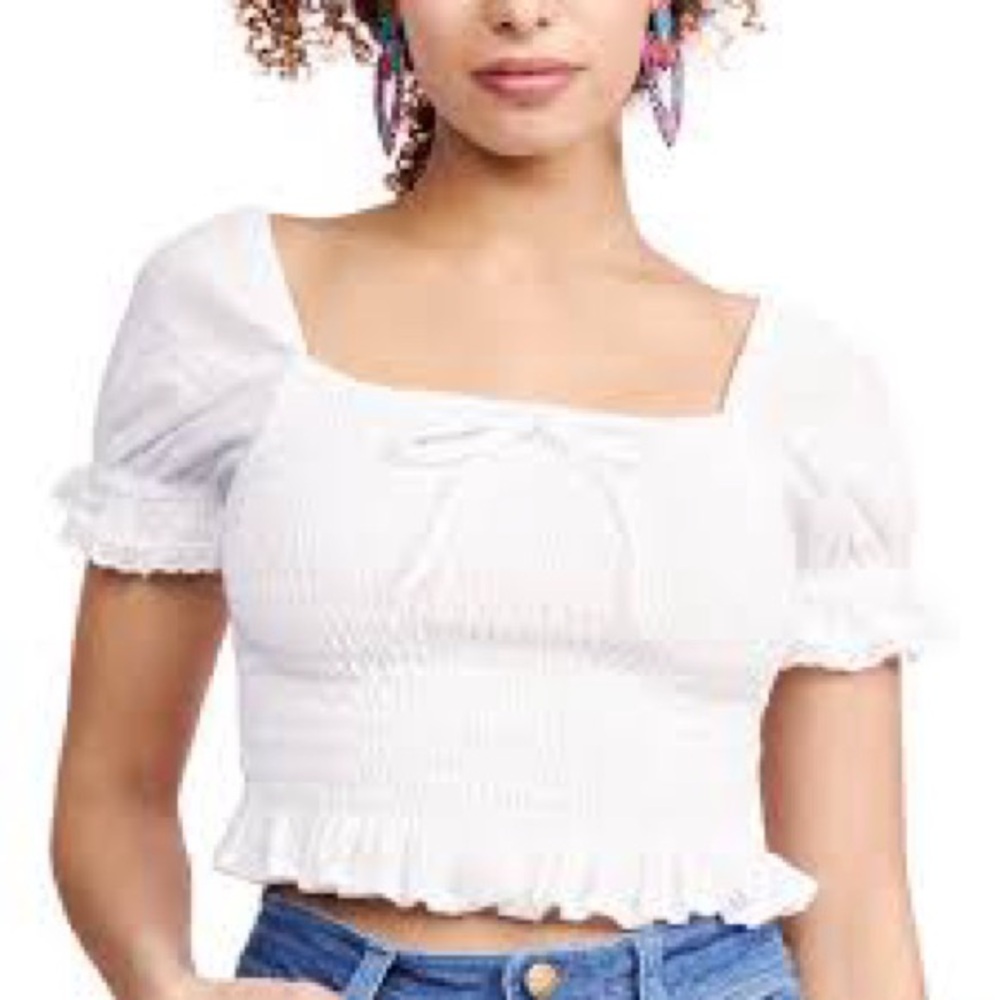 White Smocked Square-Neck Crop Top with Ruffle Hem